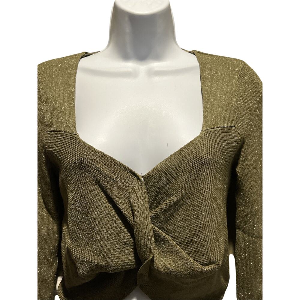 Bar III Metallic Ribbed Crop Top – Olive Green V‑Neck NWT Party Shirt Size M